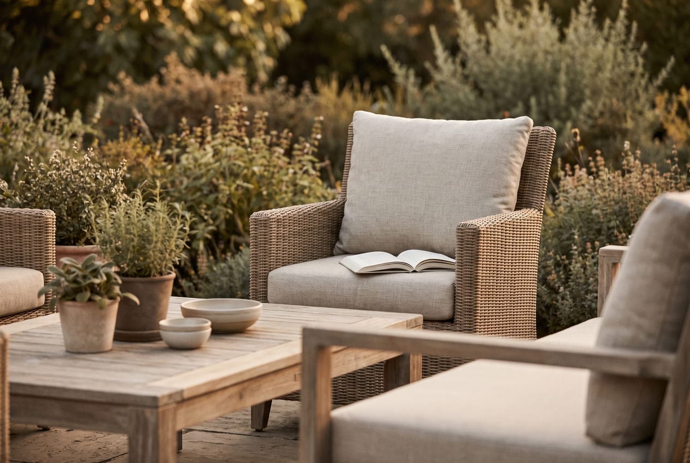 A room furnished around outdoor and patio furniture