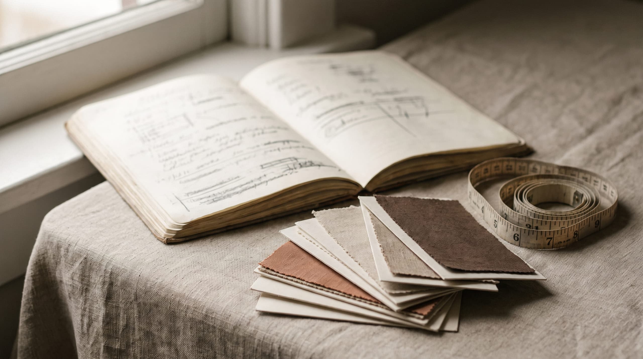 Fabric swatch cards, a notebook and a measuring tape on a work surface